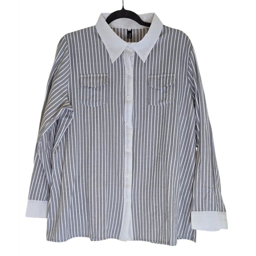 Womens Gray & White Striped Button-Up Shirt 2XL By Fisoul